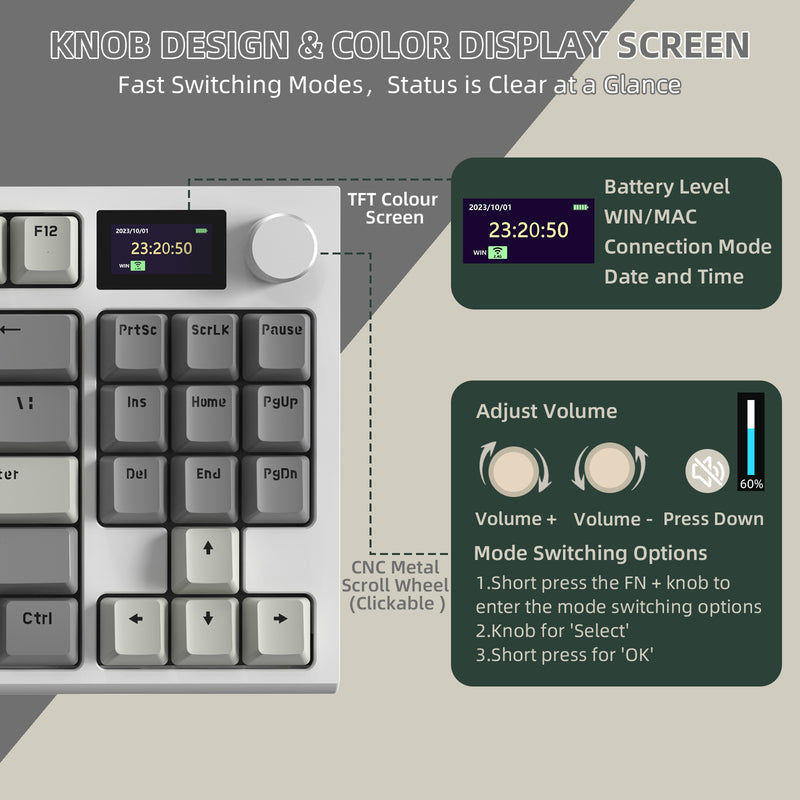 attack shark k86 Keyboard with TFT color screen displaying battery level, connection mode, date, and time.