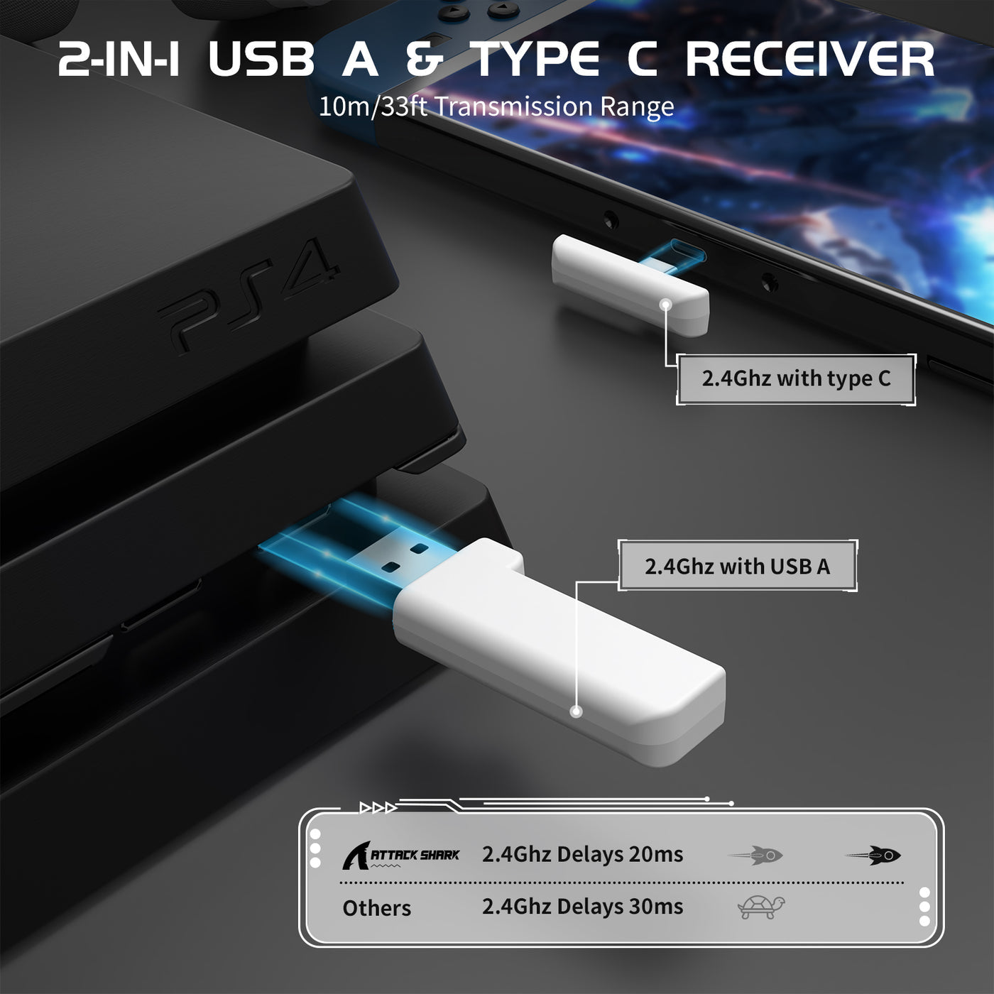 Attack Shark L80 2-in-1 USB A & Type C receiver with transmission range and delay
