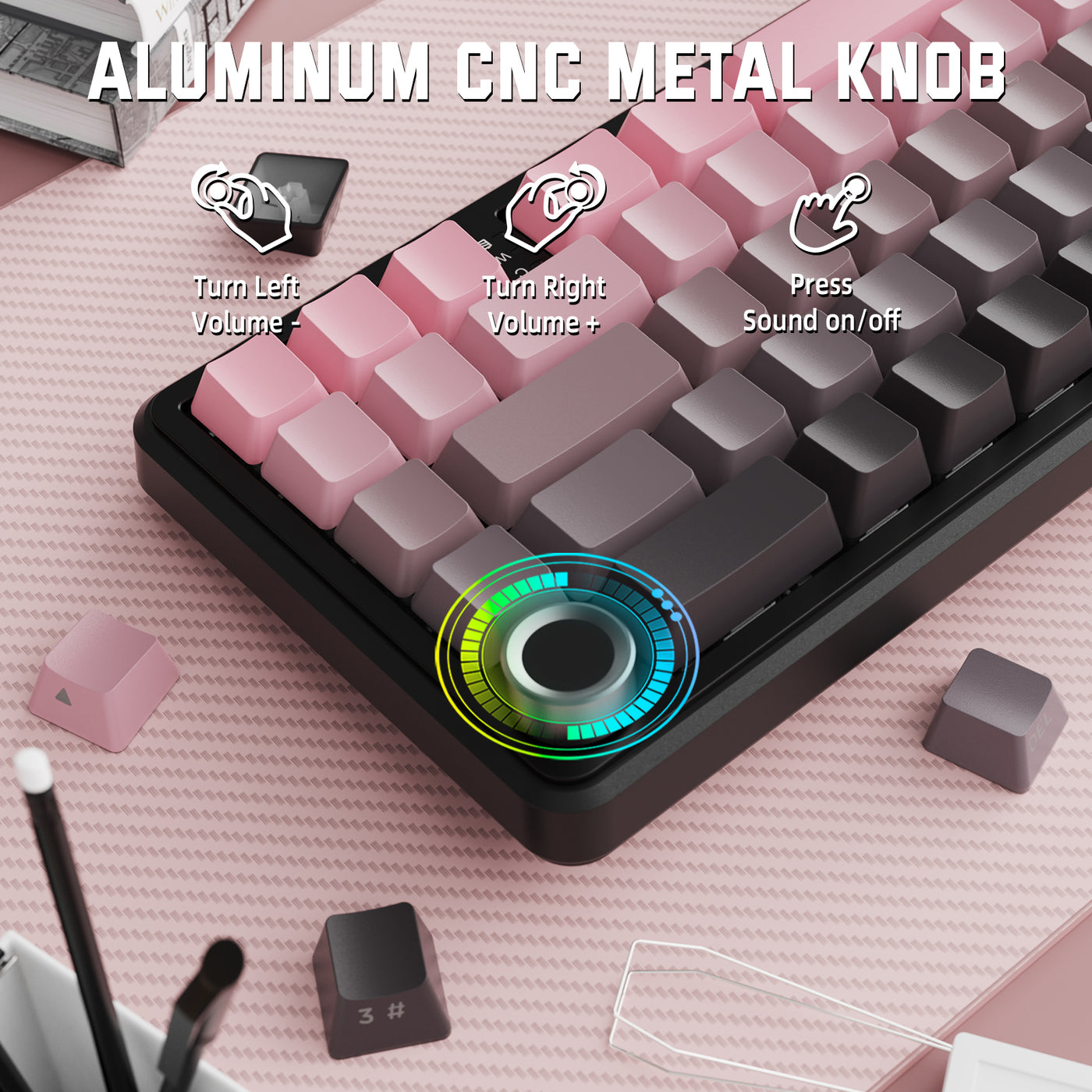 Mechanical keyboard with an aluminum CNC metal knob on a pink surface