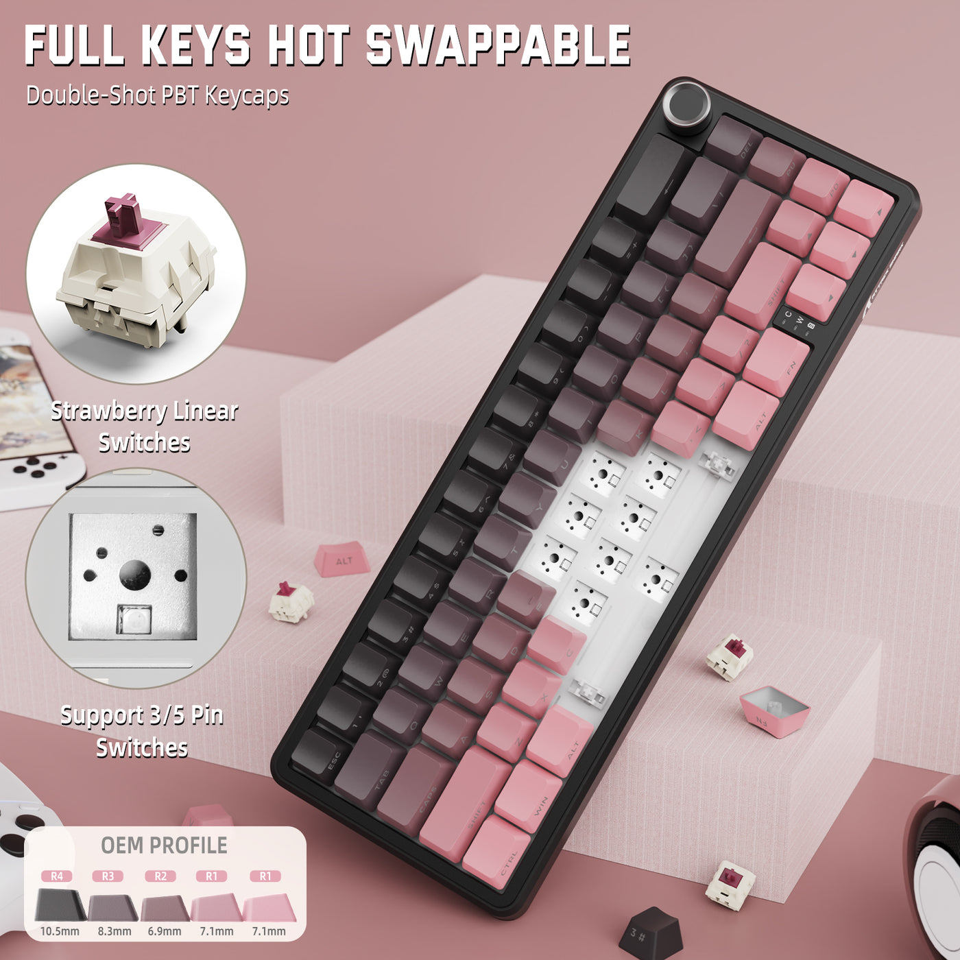 Mechanical keyboard with pink and black keycaps on a pink background, featuring text about full keys hot swappable and strawberry linear switches.
