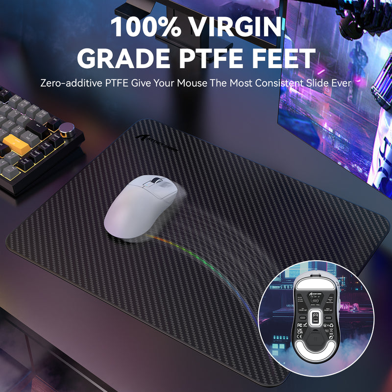 Mouse pad with a mouse on a desk setup, featuring text about PTFE feet.