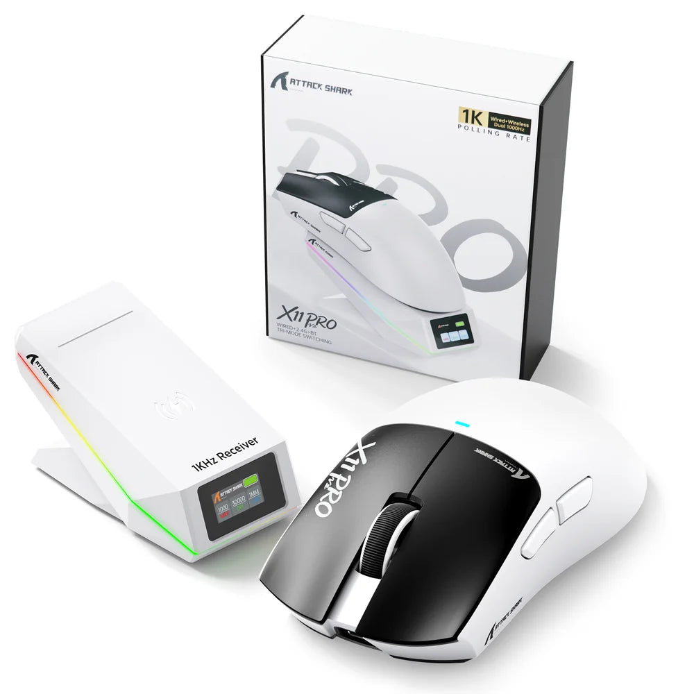 ATTACK SHARK X11 Pro V2 wireless gaming mouse charging dock showing DPI and polling rate