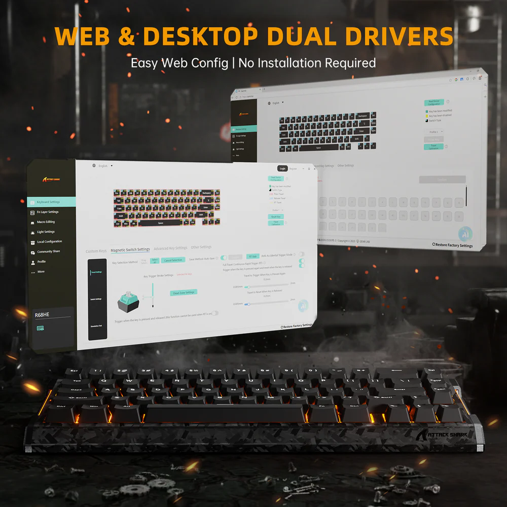 Attack Shark R68 HE Carbon Fiber Black Esports Gaming Keyboard with web and app dual driver softwares