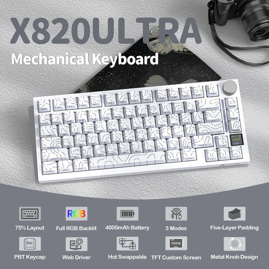 Attack Shark X820 Ultra White Contours Tri Mode Gaming Keyboard features list