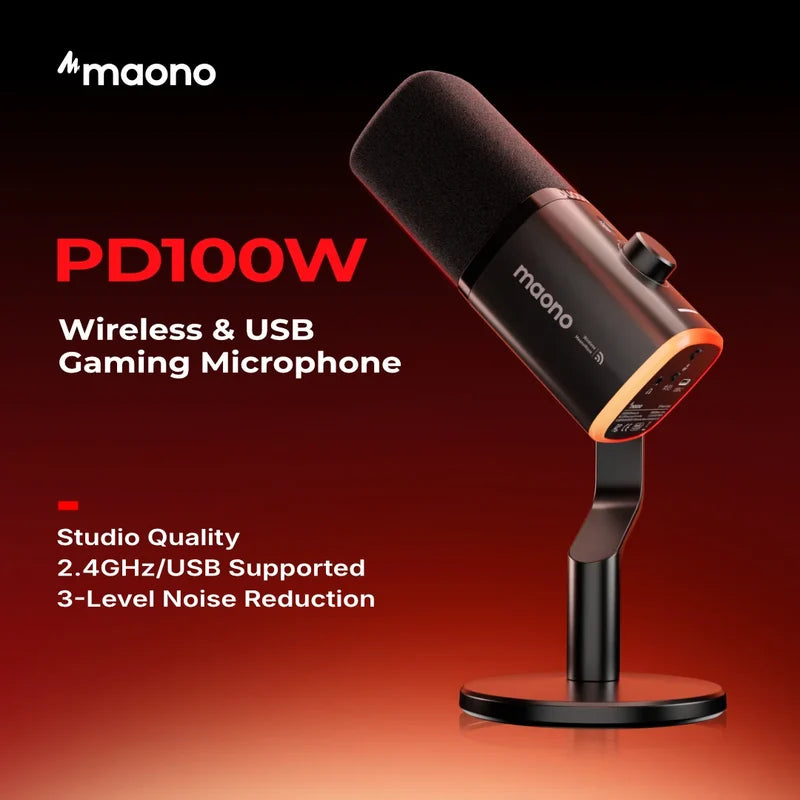 MAONO PD100W black dynamic microphone with USB-C and 2.4GHz wireless