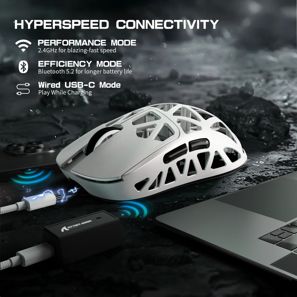 ultra low latency and 8k polling rate with 2.4ghz mode attack shark r2 magnesium alloy