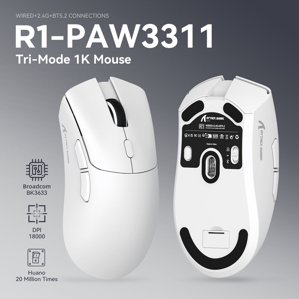 ATTACK SHARK R1 Wireless Gaming Mouse, Tri-Mode Connection, Bluetooth ...