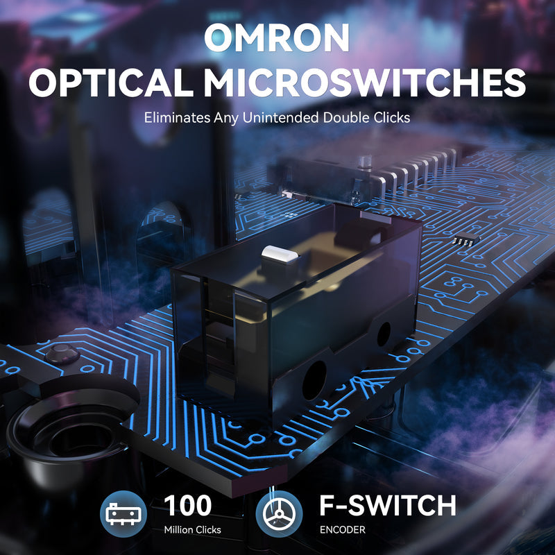 OMRON optical microswitch on a circuit board with promotional text and branding.