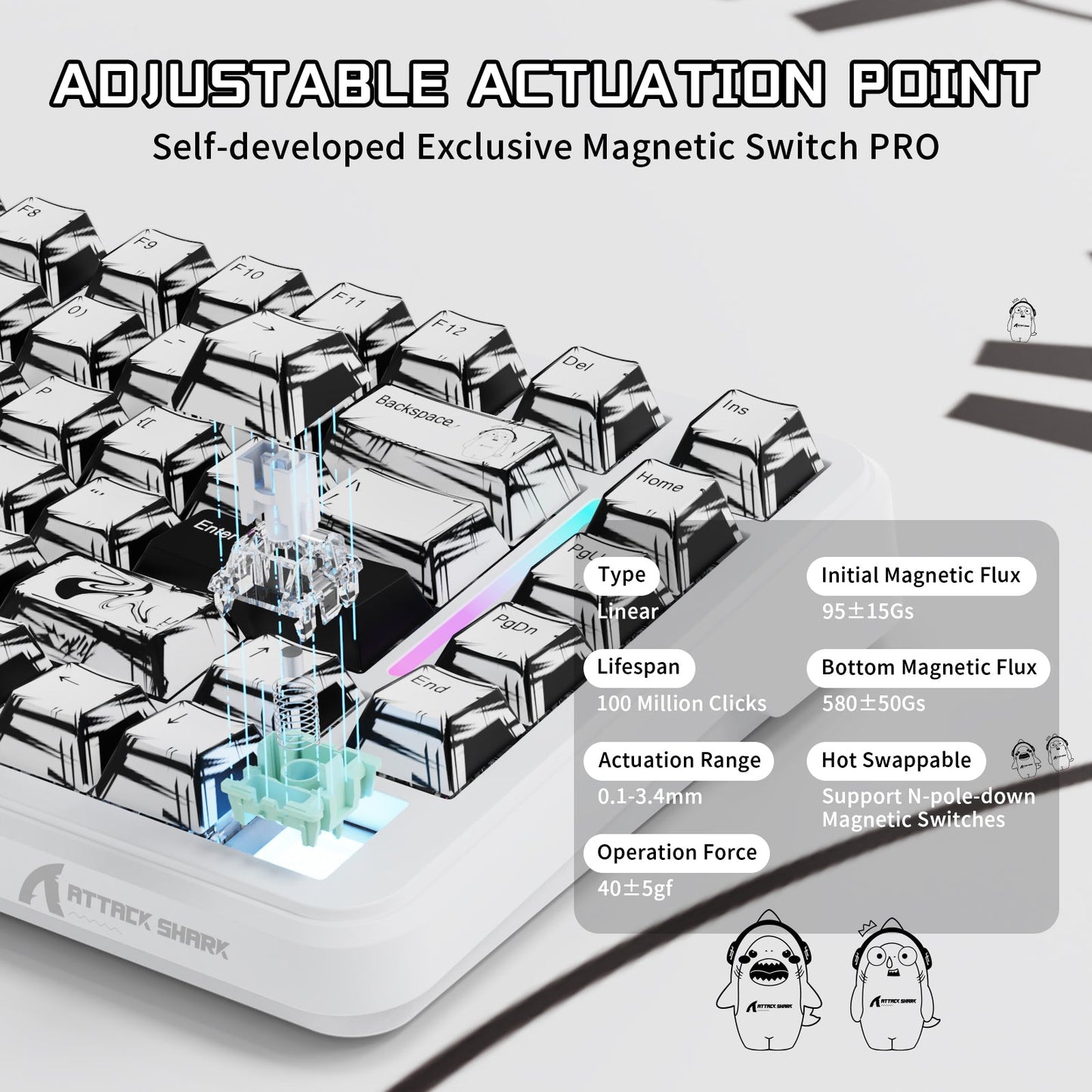 x82 pro he Keyboard with magnetic switch technology and technical specifications on a white background