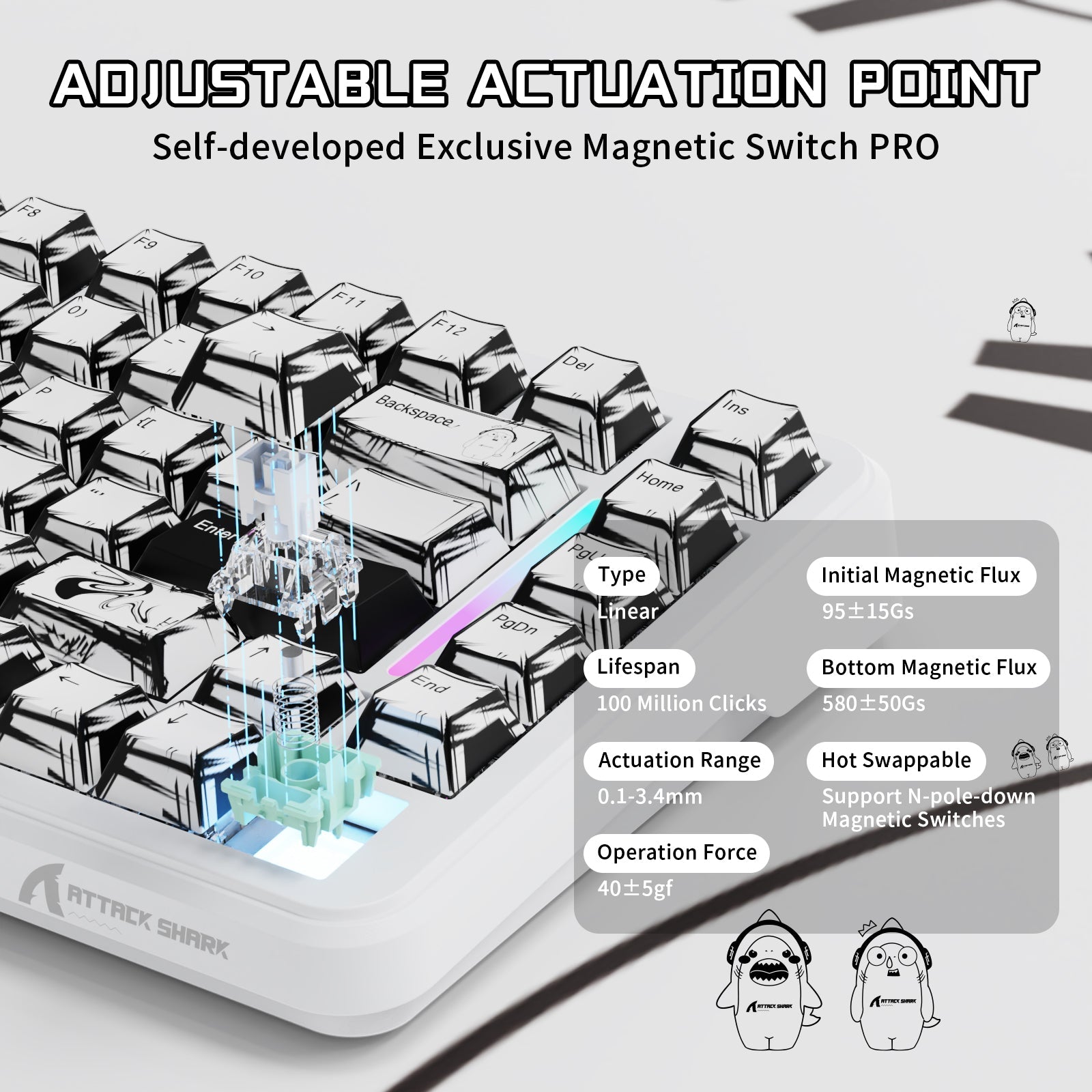 x82 pro he Keyboard with magnetic switch technology and technical specifications on a white background
