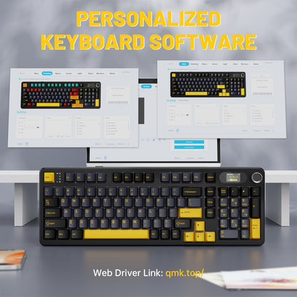 attack shark x98 pro with personalized software on computer screens in the background