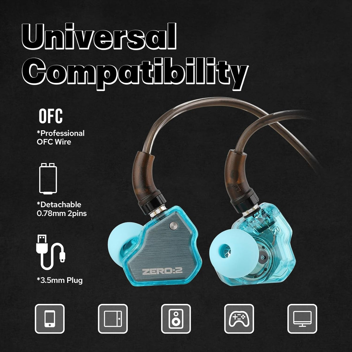 7Hz x Crinacle Zero 2 Blue wired IEM earphones with 10mm dynamic driver and enhanced bass