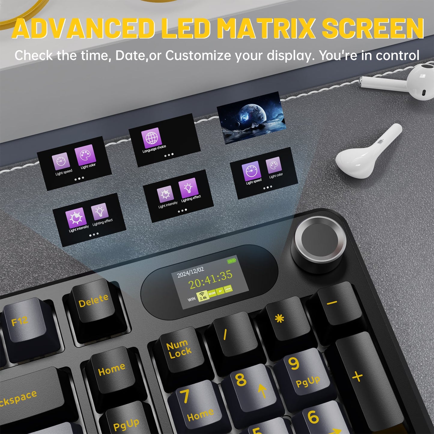 attack shark x98 pro with advanced LED matrix screen displaying time, date, and customizable options on a desk.
