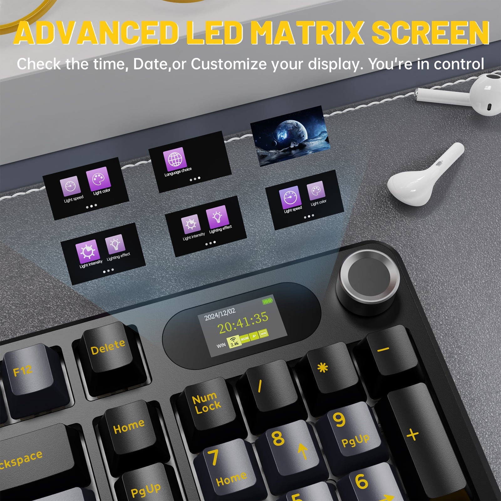 attack shark x98 pro with advanced LED matrix screen displaying time, date, and customizable options on a desk.