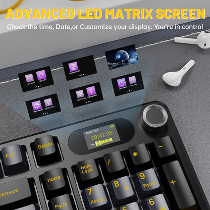 attack shark x98 pro with advanced LED matrix screen displaying time, date, and customizable options on a desk.