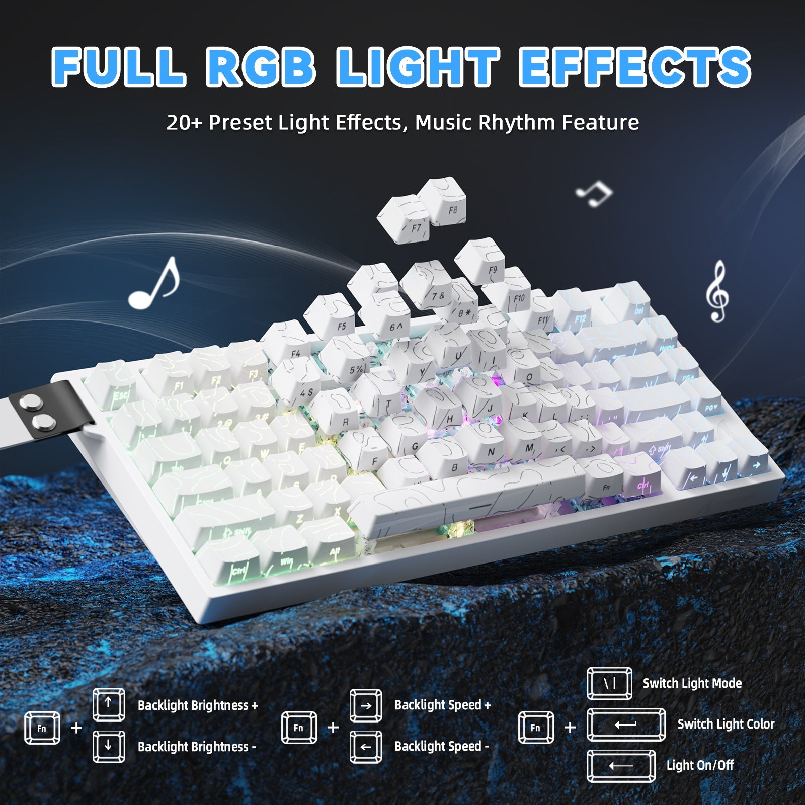 White keyboard with RGB light effects on a dark background