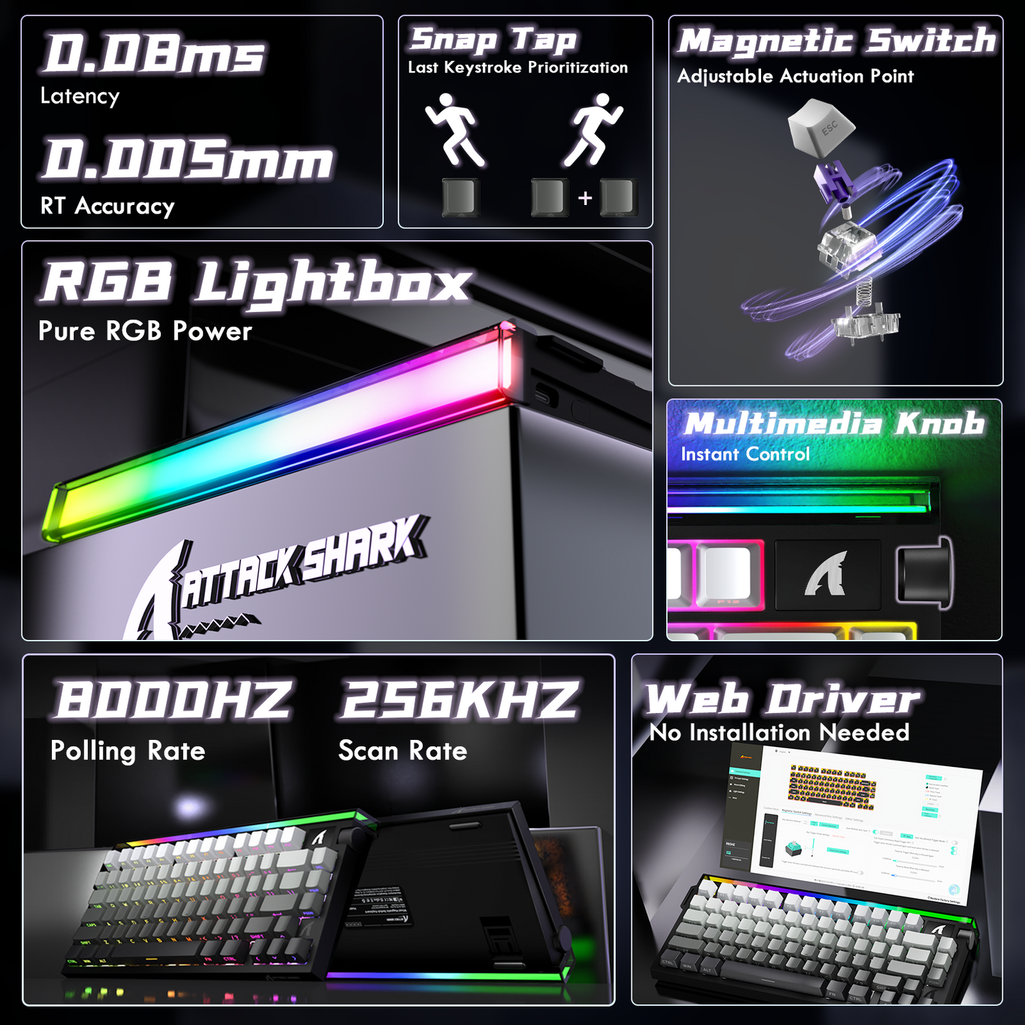 Collage of features and specifications of  Attack Shark r85 he keyboard with RGB lighting.