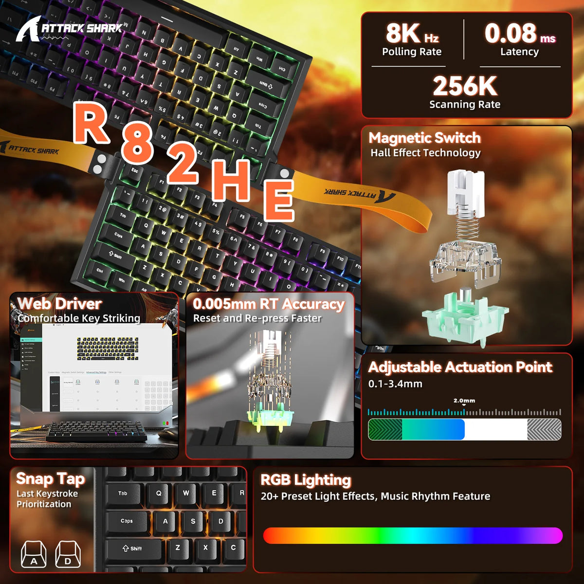 ATTACK SHARK R82 HE Moonlight 0.005mm rapid trigger gaming keyboard with 8K polling