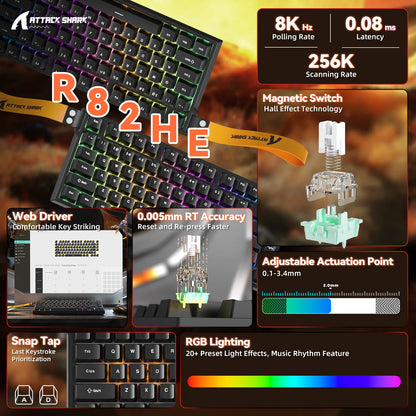 ATTACK SHARK R82 HE Moonlight 0.005mm rapid trigger gaming keyboard with 8K polling
