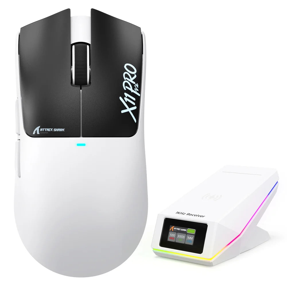 ATTACK SHARK X11 Pro V2 White & Black wireless gaming mouse with TFT display charging dock