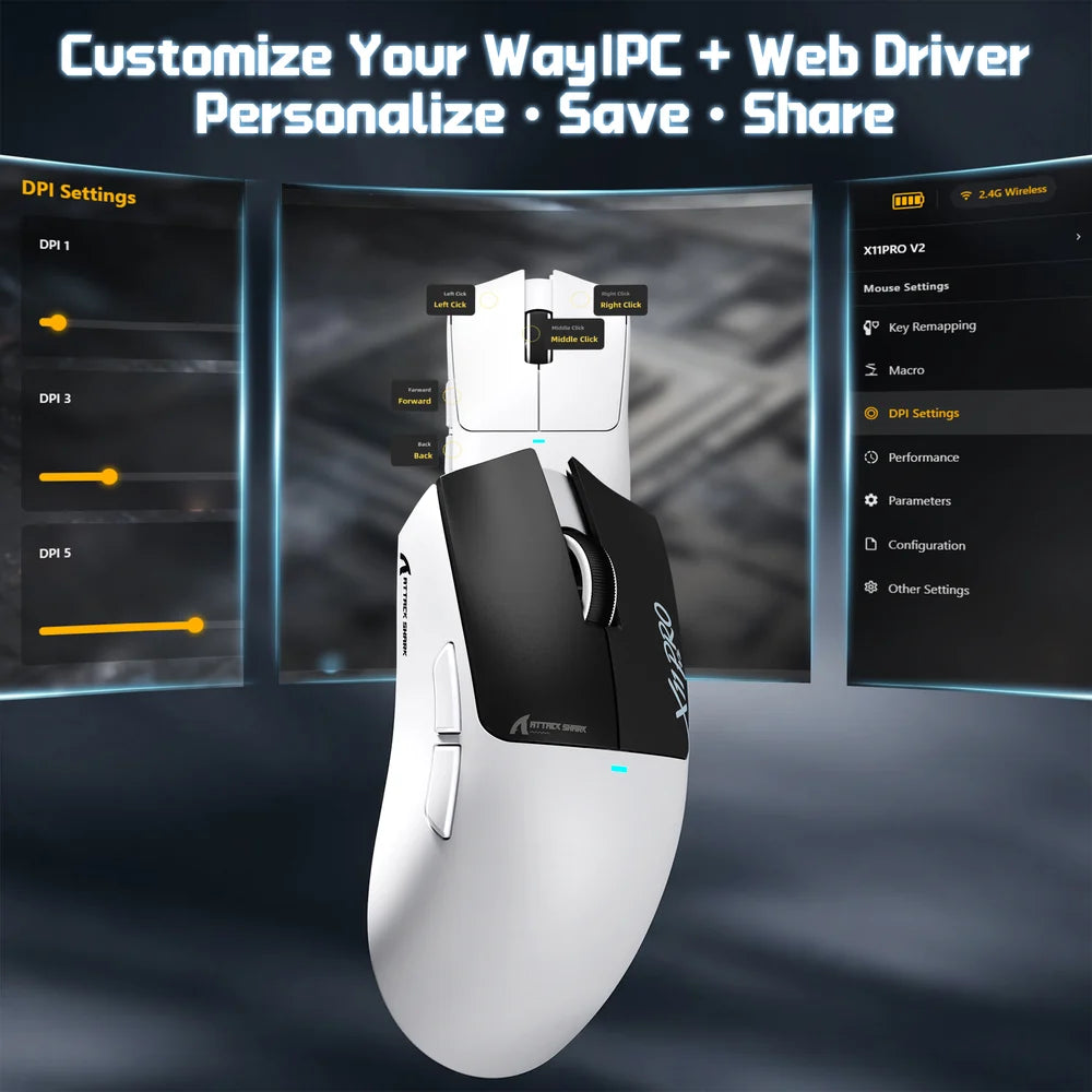 ATTACK SHARK X11 Pro V2 tri-mode wireless gaming mouse for PC gaming and work