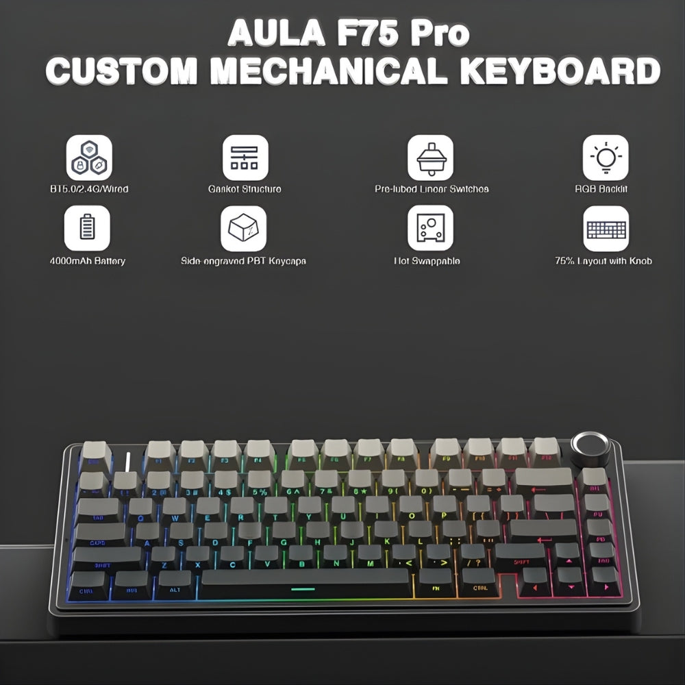 AULA F75 Pro Tri Mode Gasket Mount Mechanical Keyboard-Gradient Black