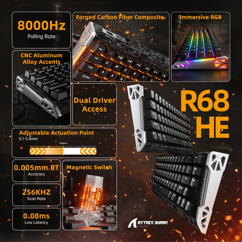 Attack Shark R68 HE Carbon Fiber with 8000Hz Polling, adjustable actuation, hall effect magnetic switches and 256k scan rate