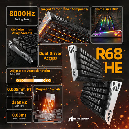 Attack Shark R68 HE Carbon Fiber with 8000Hz Polling, adjustable actuation, hall effect magnetic switches and 256k scan rate