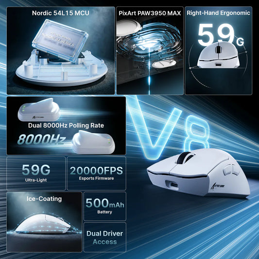 Attack Shark V8 White 42000 DPI Ergonomic Gaming Mouse Nordic 54L15 MCU and Specs