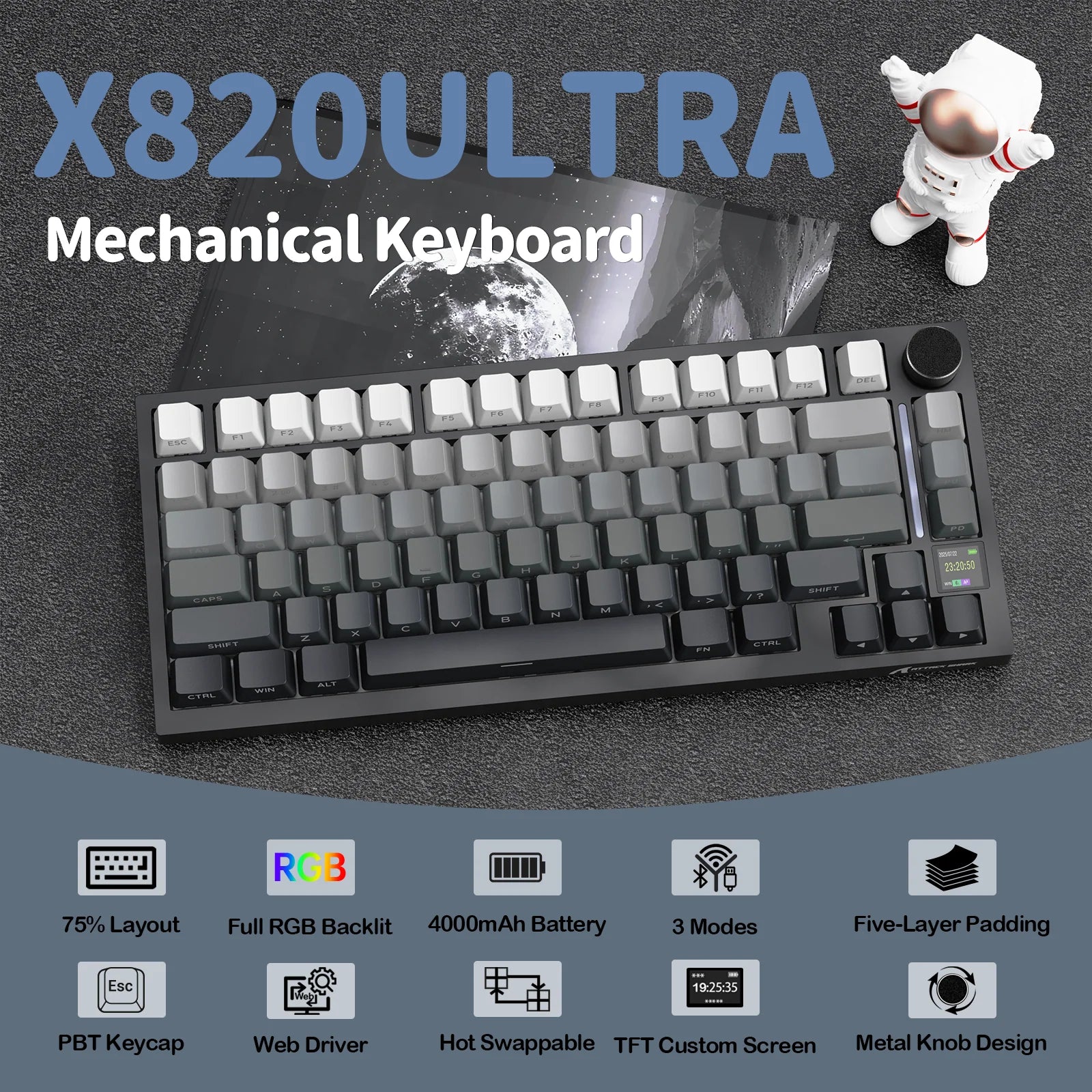 Attack Shark X820 Ultra Moonlight wireless mechanical keyboard with TFT Screen and knob