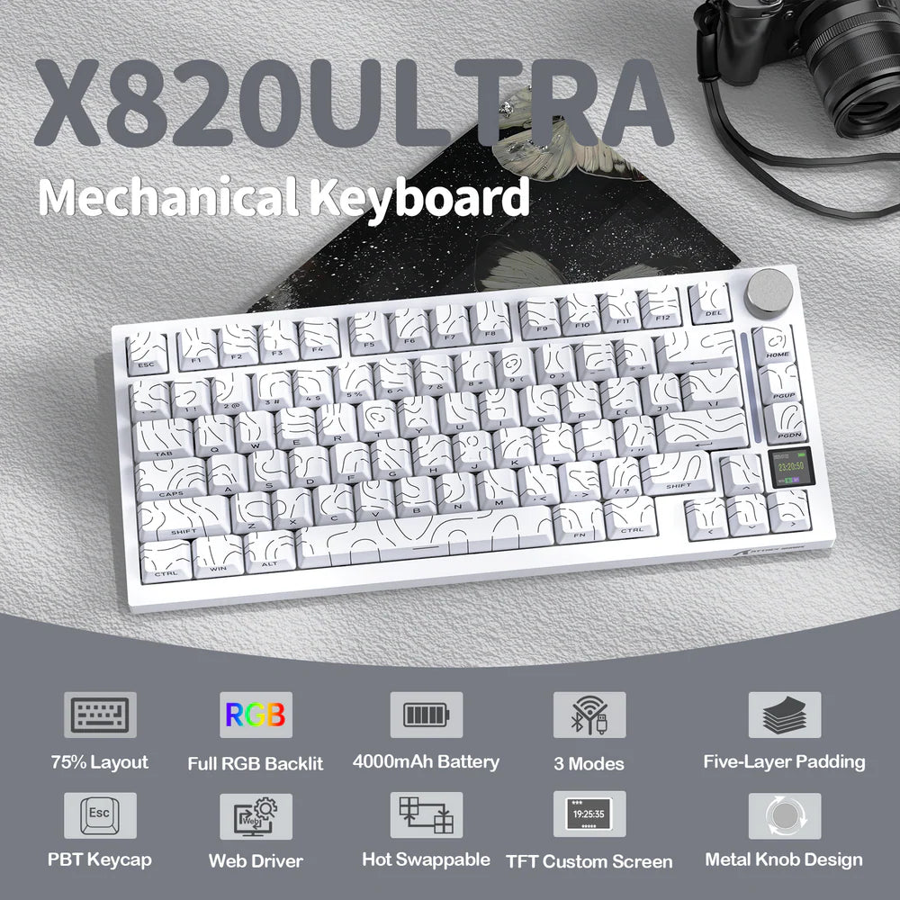 Attack Shark X820 Ultra White Contours Tri Mode Gaming Keyboard features list