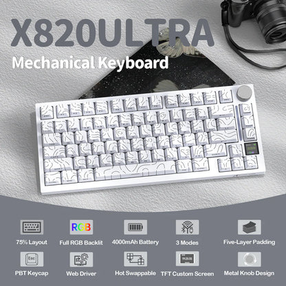 Attack Shark X820 Ultra White Contours Tri Mode Gaming Keyboard features list
