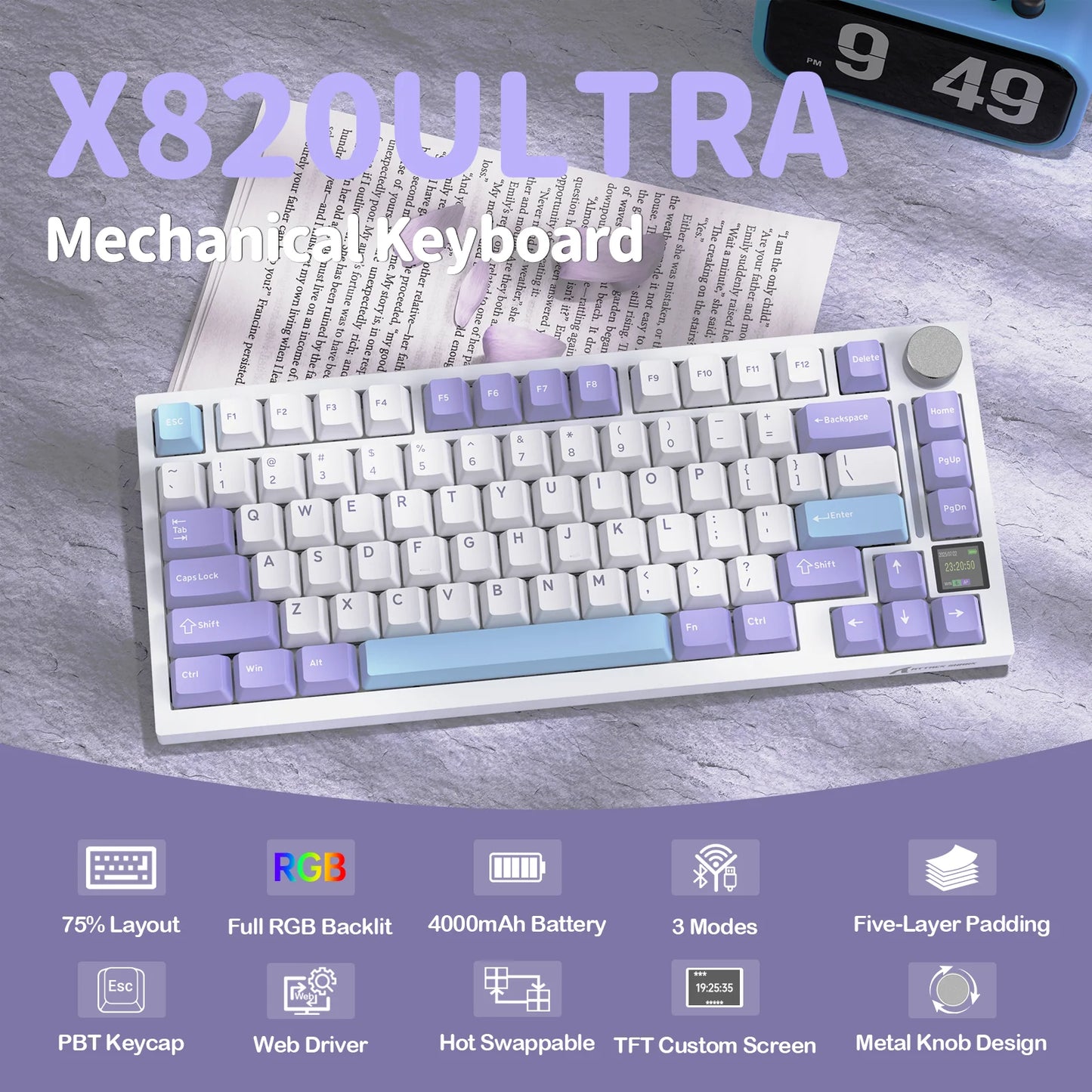 Attack_Shark_X820_Ultra_starlight_white_wireless_mechanical_keyboard_front_view
