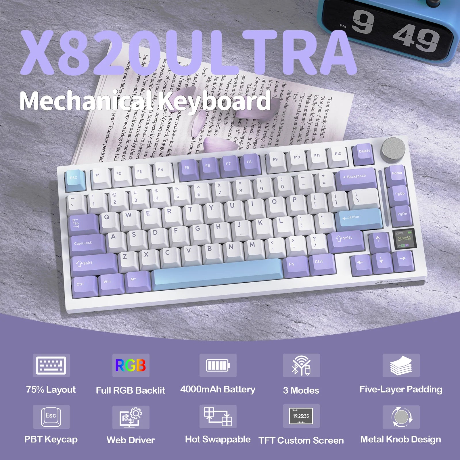 Attack_Shark_X820_Ultra_starlight_white_wireless_mechanical_keyboard_front_view