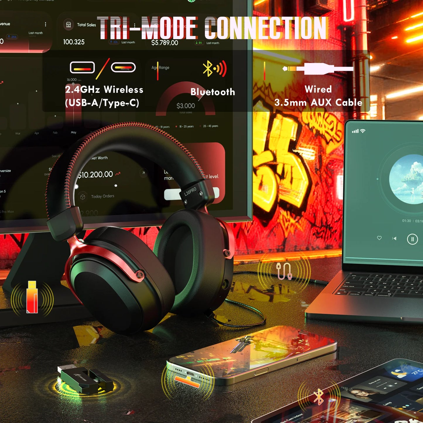 attack shark l30pro Tri-mode wireless gaming headset with Bluetooth and 2.4GHz connection