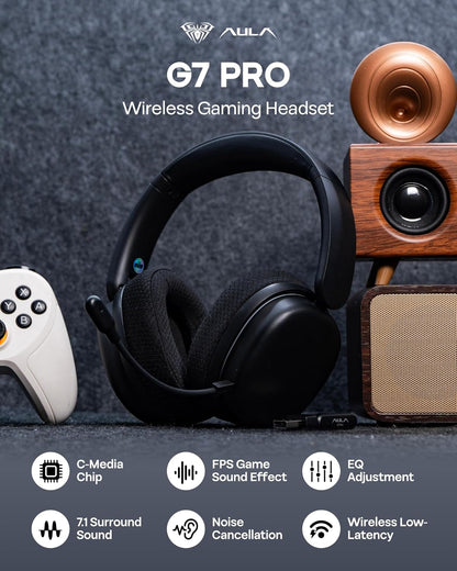 Aula G7 Pro Wireless Headset with RGB Light Noise Cancelling Mic for Calls