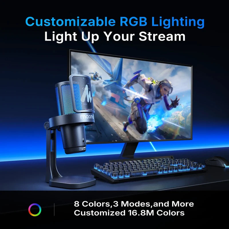 MAONO DGM20W gaming microphone with RGB lighting for a modern gaming desk setup