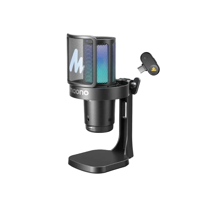 MAONO DGM20W wireless gaming microphone with 2.4GHz wireless connectivity and customizable RGB lighting