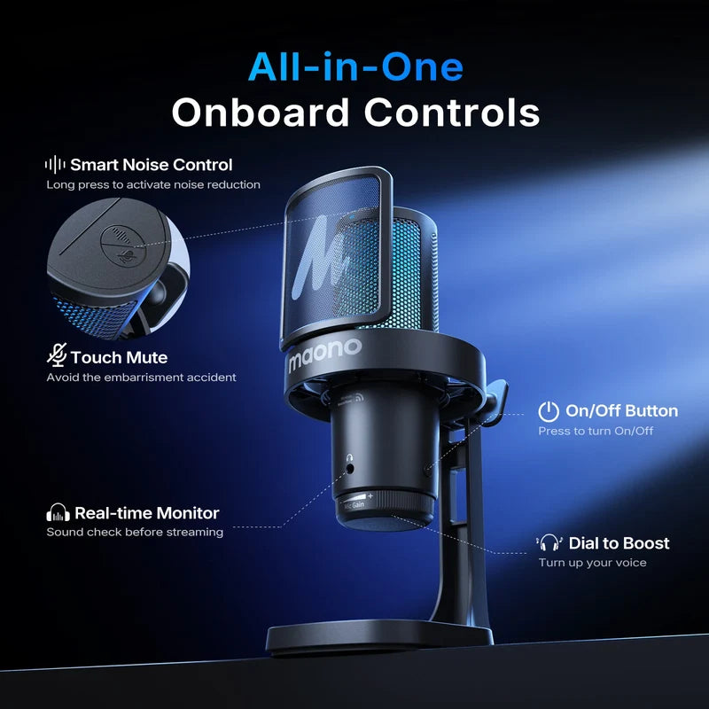 MAONO DGM20W wireless gaming mic with dedicated mute button and microphone gain control