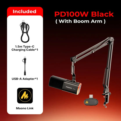 MAONO PD100W black cardioid microphone with BA20 desk-mounted arm