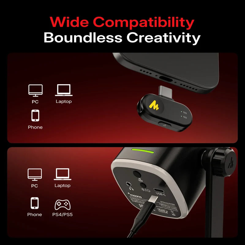 MAONO PD100W black dynamic microphone with wireless & USB-C wired connectivity