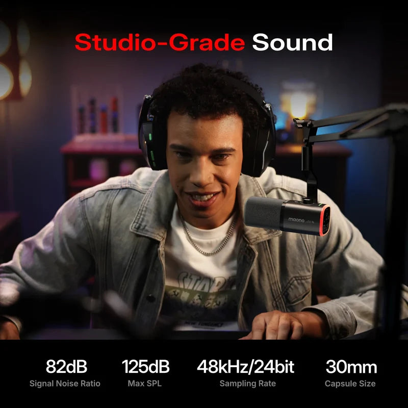 MAONO PD100W black streaming microphone with adjustable EQ and sound presets
