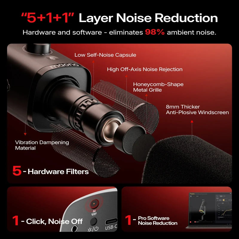 MAONO PD100W black streaming microphone with one-click noise reduction