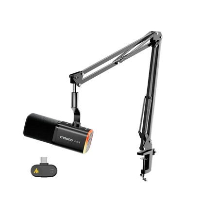 MAONO PD100W black wireless USB dynamic microphone with BA20 boom arm