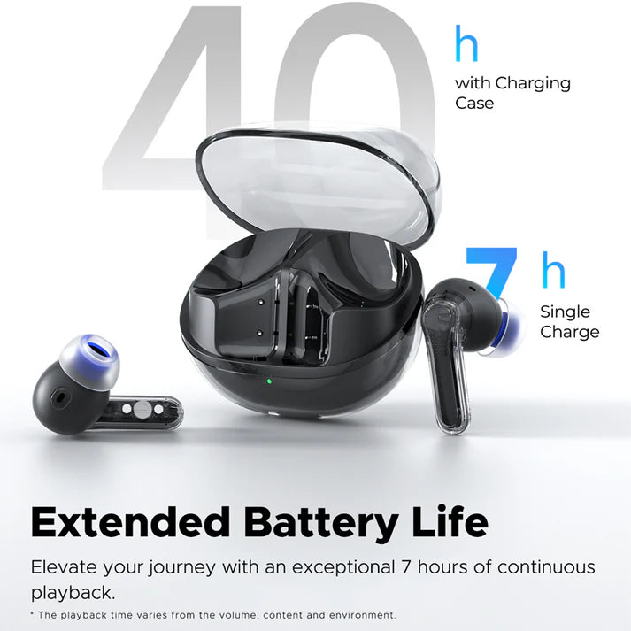 SoundPEATS Clear Black Wireless Earbuds with long battery life