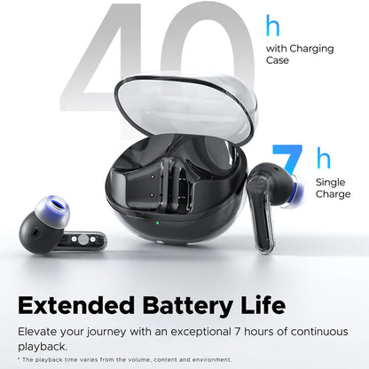 SoundPEATS Clear Black Wireless Earbuds with long battery life
