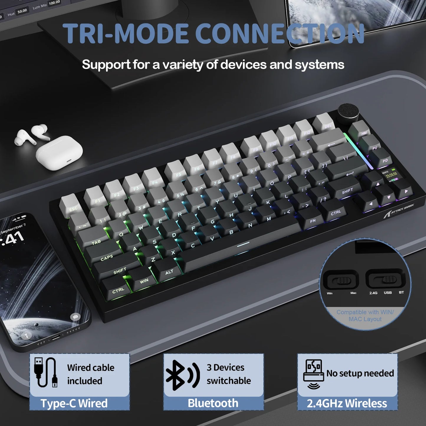 Tri mode connection rgb attack shark x820 ultra black gradient
