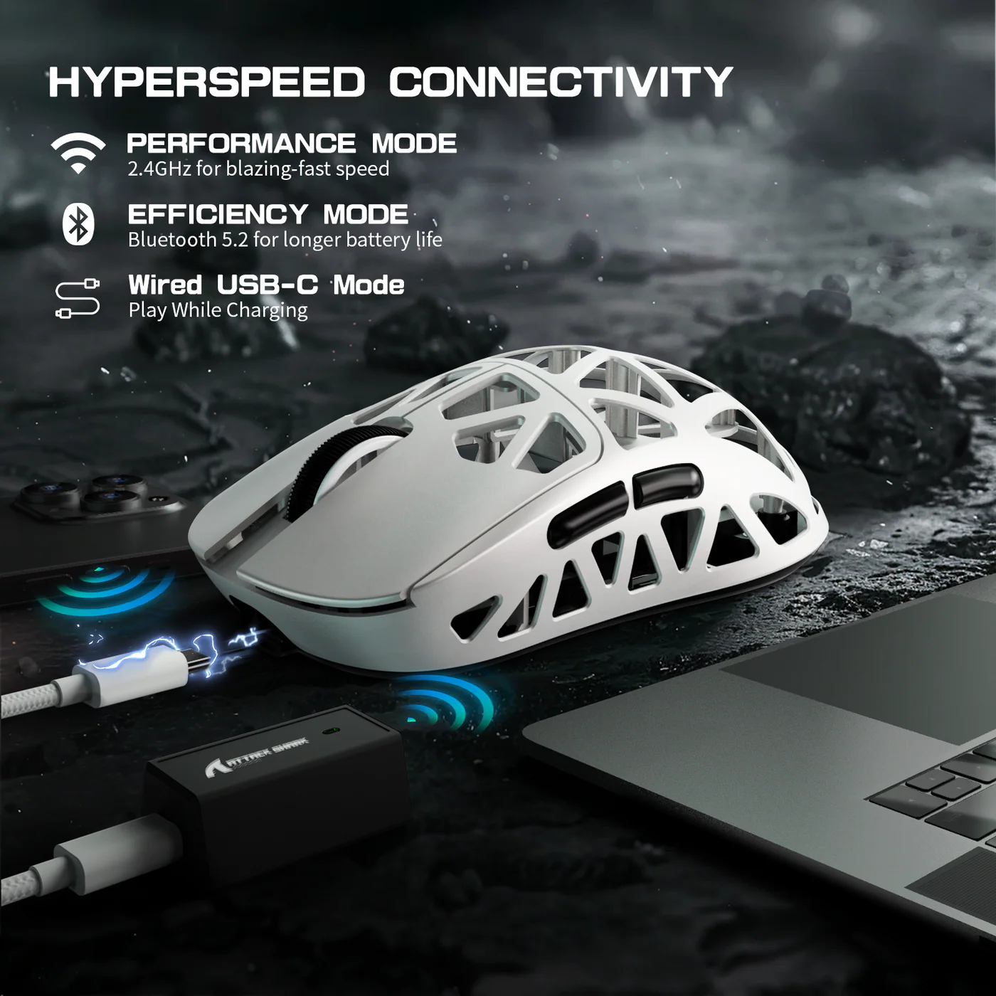ultra low latency and 8k polling rate with 2.4ghz mode attack shark r2 magnesium alloy