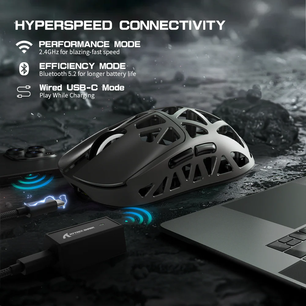 ultra low latency and 8k polling rate with 2.4ghz mode attack shark r2 magnesium alloy